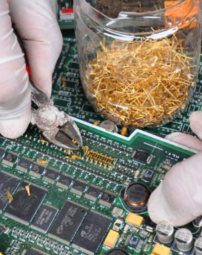 an operator recovers metal from printed circuit boards for recycling